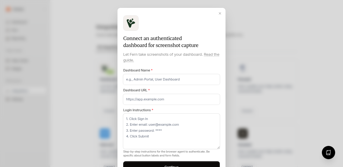Connection setup modal showing Dashboard Name, Dashboard URL, and Login Instructions fields