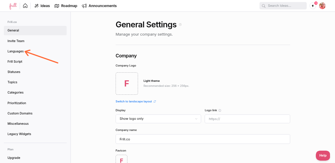 Navigate to Languages in Company settings