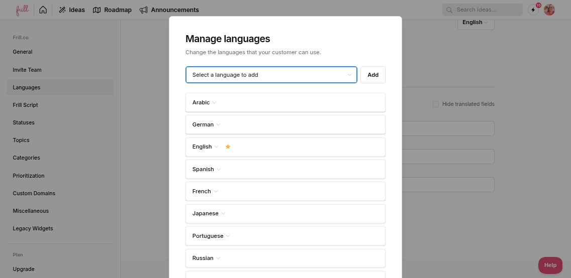 Manage languages modal