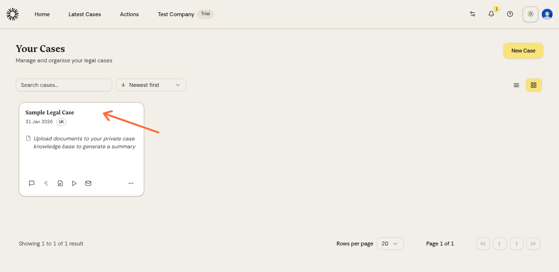 Cases dashboard showing a case to open