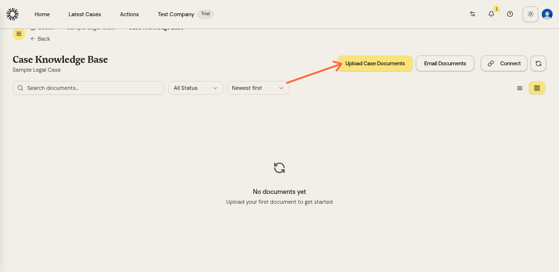 Knowledge Base view with the Upload Case Documents button highlighted