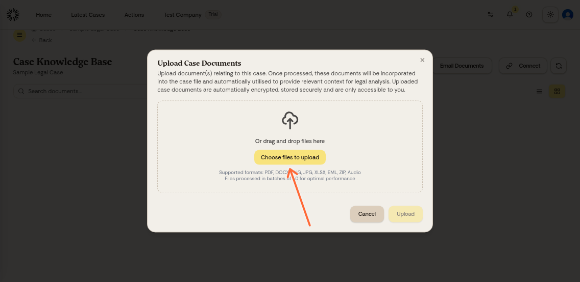 File upload dialog showing options to choose files or drag and drop