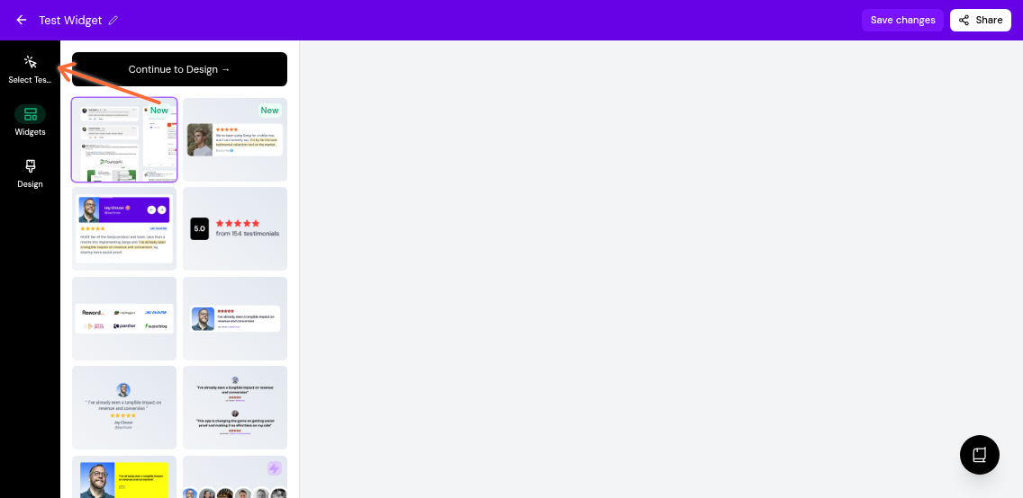 Select Testimonials button in the widget Design tab sidebar