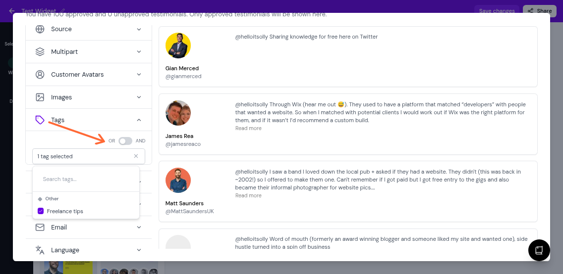 Tags filter section with OR/AND toggle switch