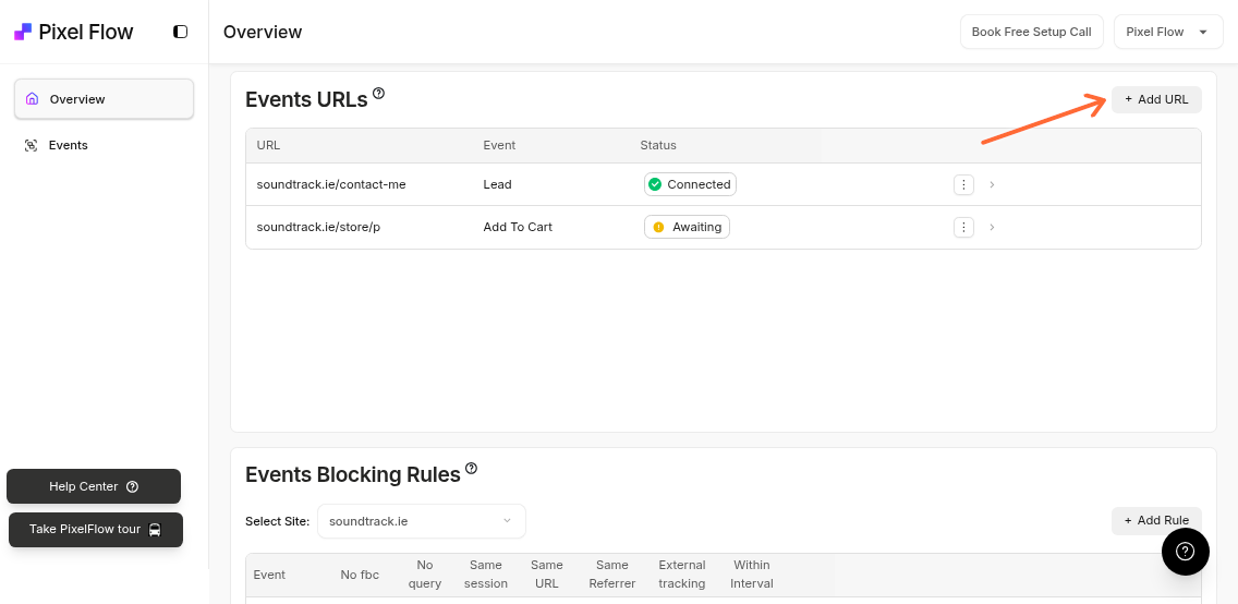 Sites page showing the + Add URL button