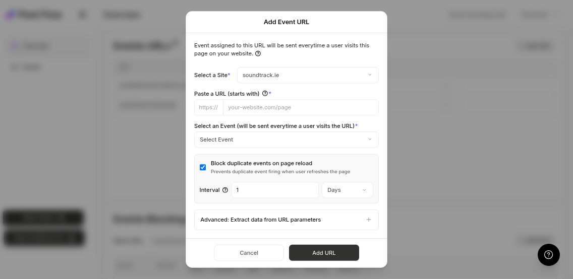 Add Event URL modal showing site selector, URL input, event dropdown and new features