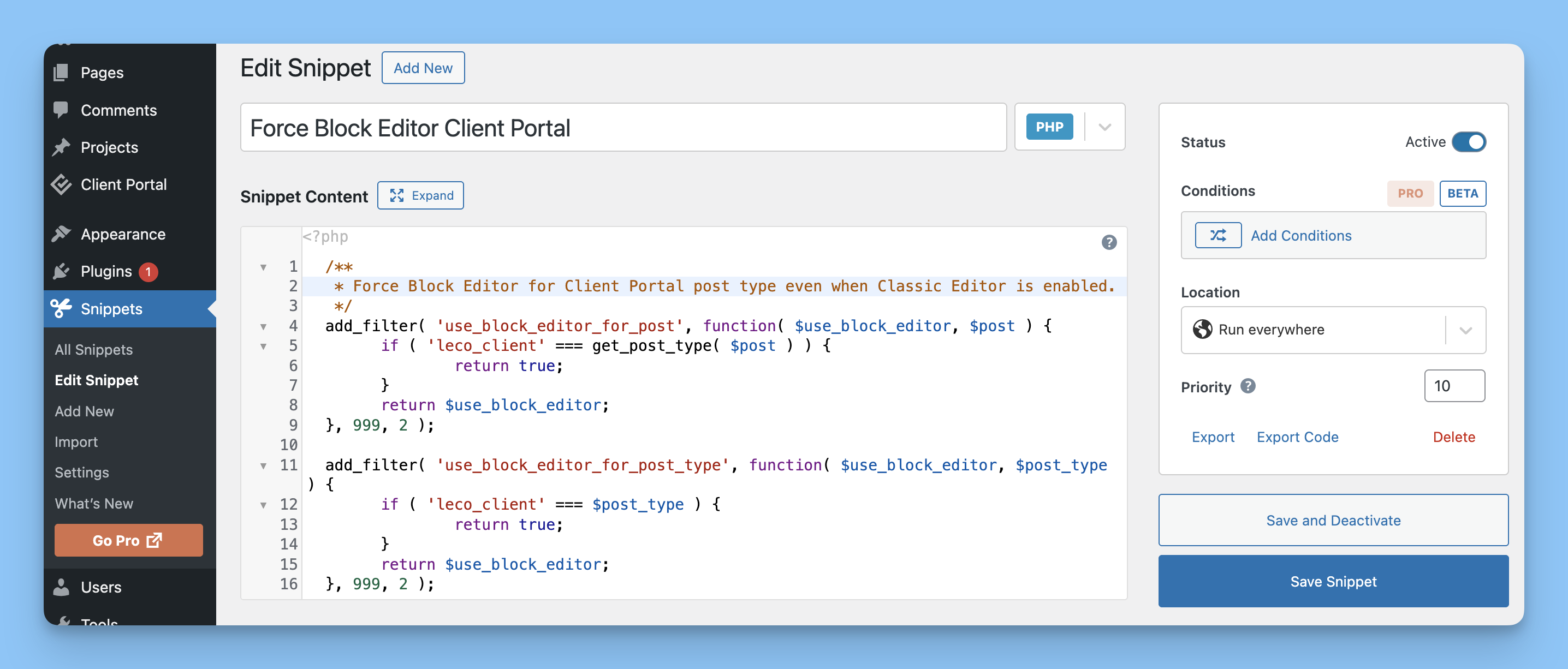 Screenshot of a WordPress plugin interface editing a code snippet titled Force Block Editor Client Portal showing the PHP code filter that forces the block editor for the leco_client post type