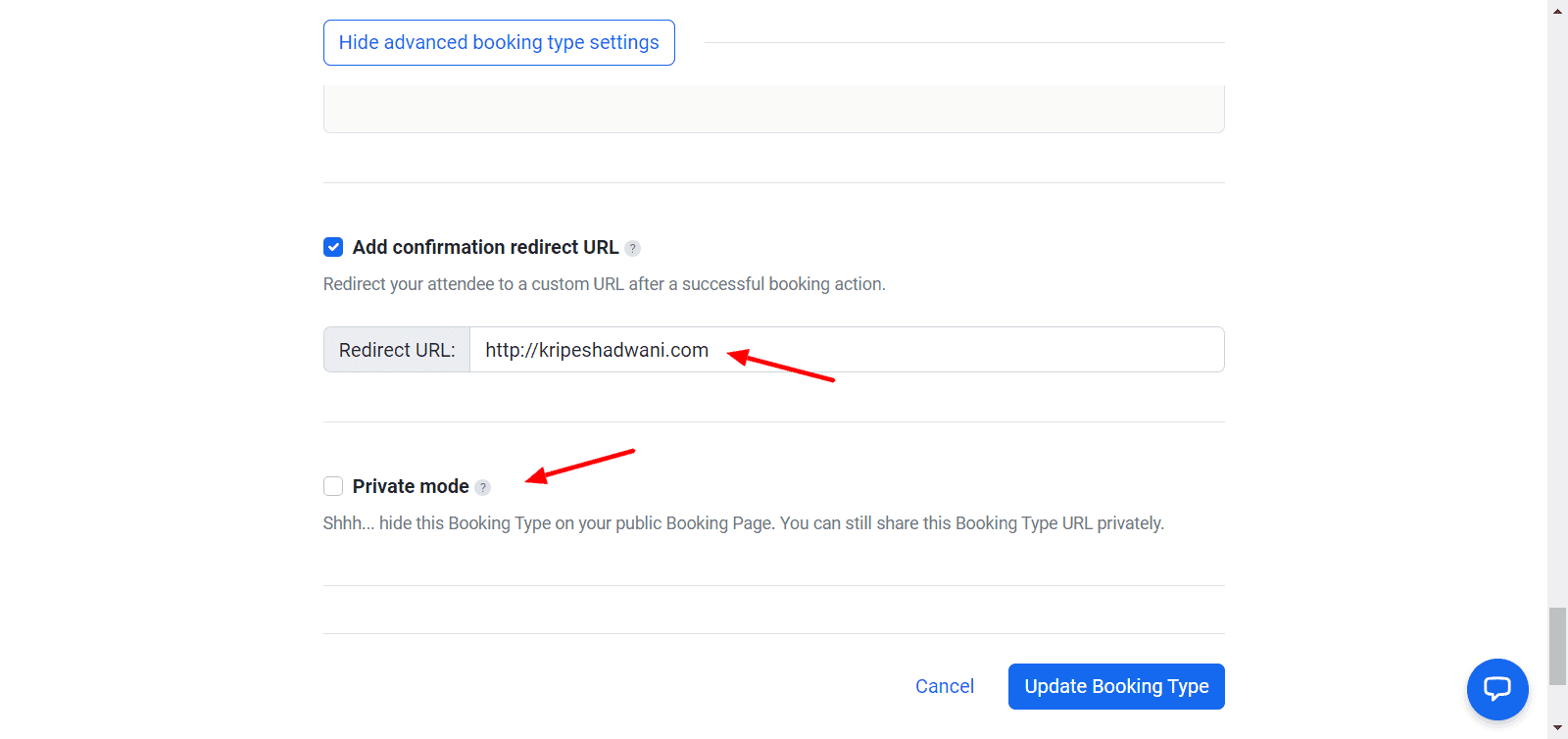 TidyCal settings page showing the custom redirect URL configuration field where users can enter their confirmation page URL