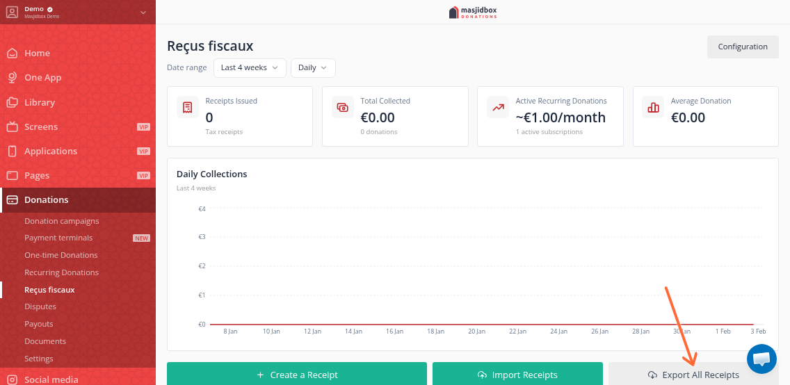 Click the Export All Receipts button