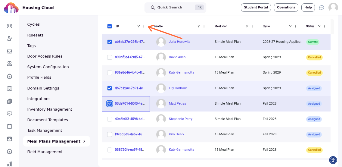 Meal plan assignments table with multiple rows selected via checkboxes and bulk actions menu highlighted