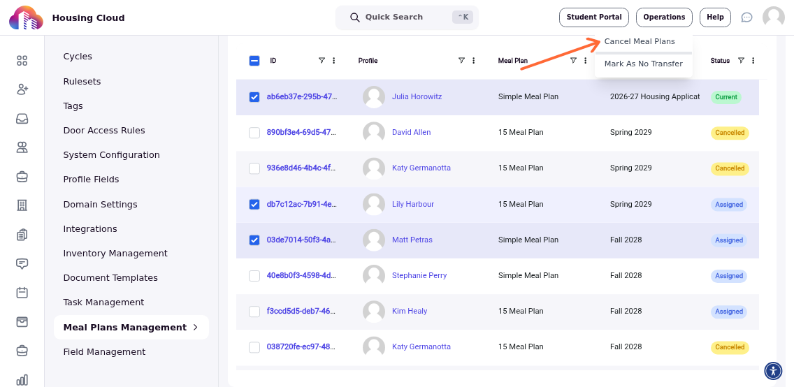 Bulk actions menu open showing the Cancel Meal Plans option