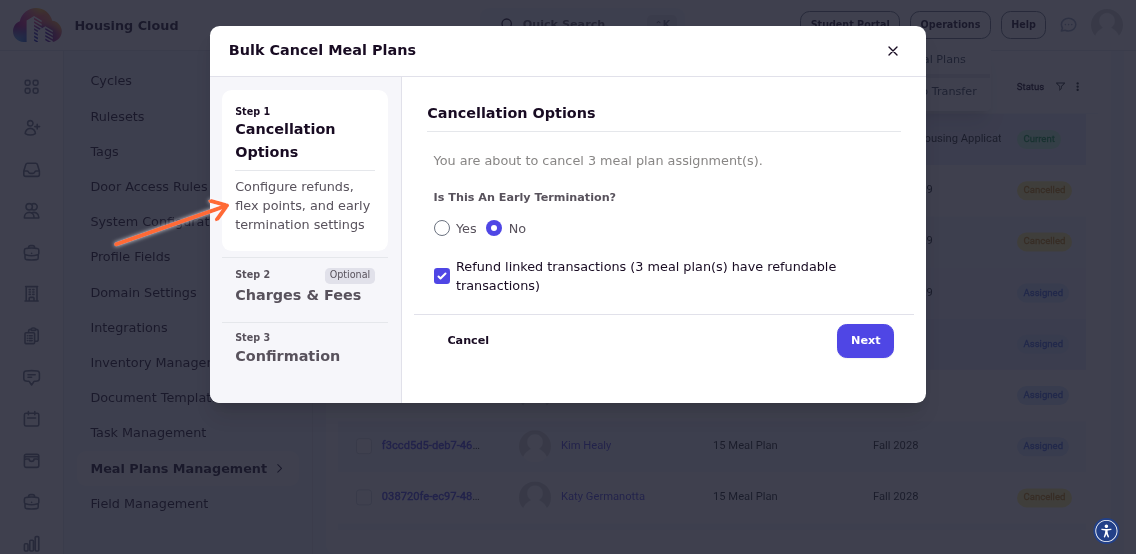 Cancellation options modal showing refund transactions checkbox, cancel flex points option, and early termination settings