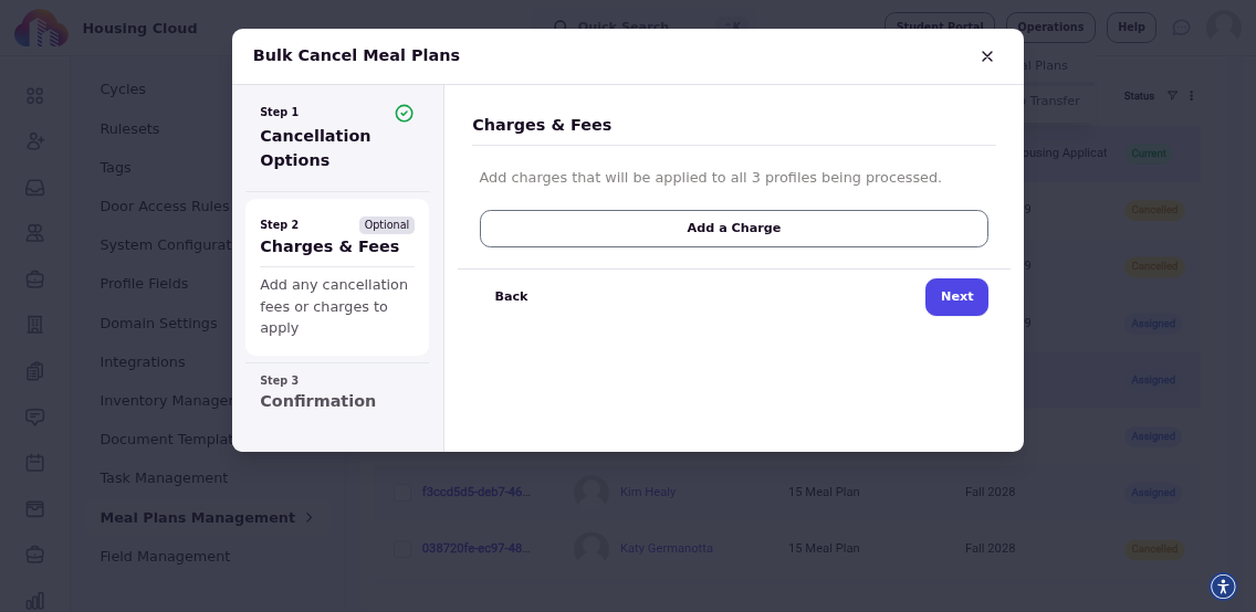 Charges and fees step showing optional charge configuration fields