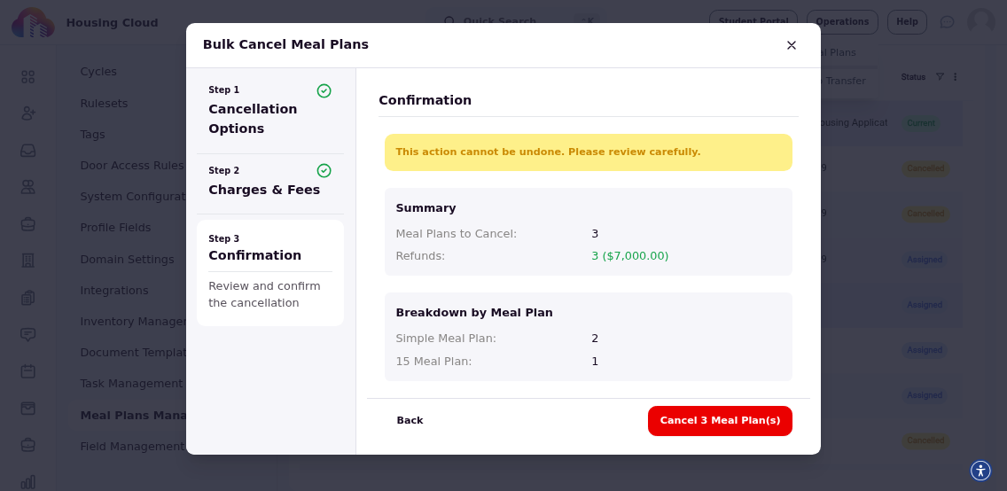 Confirmation screen showing summary of bulk cancellation settings before final submission