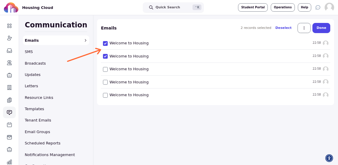 Multiple communications selected using checkboxes in selection mode