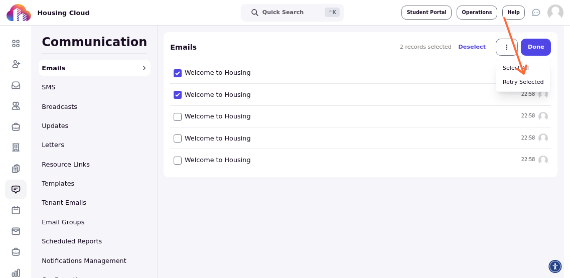 Three-dot dropdown menu showing the Retry Selected option