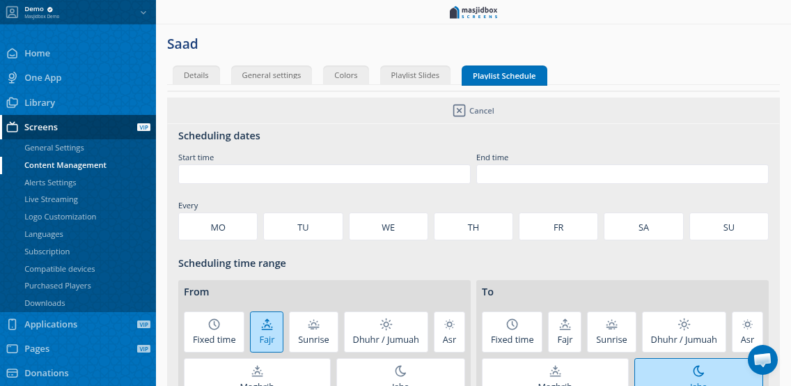 Assign scheduled playlist to screens using checkboxes