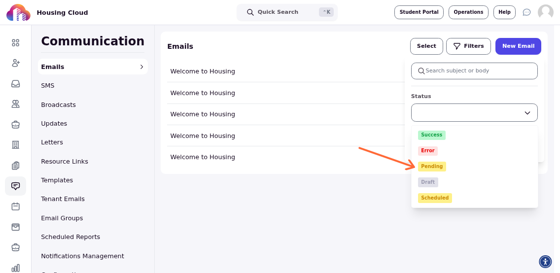 Status filter with Pending option selected