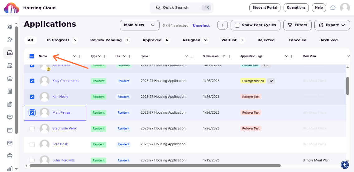 Applicants table with multiple applicants selected via checkboxes and bulk actions menu highlighted