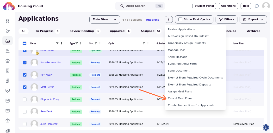 Bulk actions menu from applicants table showing the Cancel Meal Plans option
