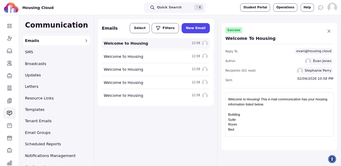 Successfully sent communication showing delivery details and status