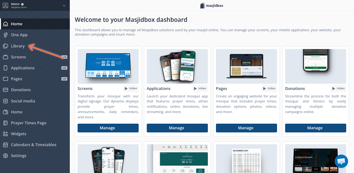 Library menu in sidebar