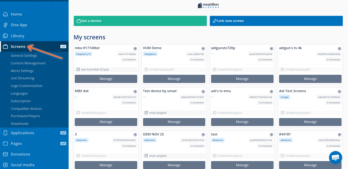 Screens menu in sidebar
