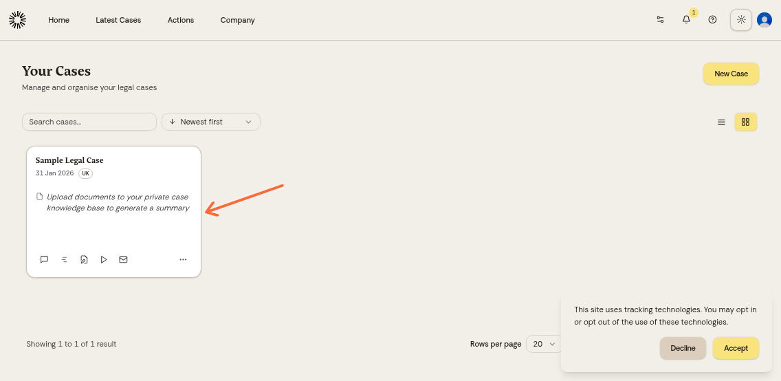 Cases dashboard showing list of cases
