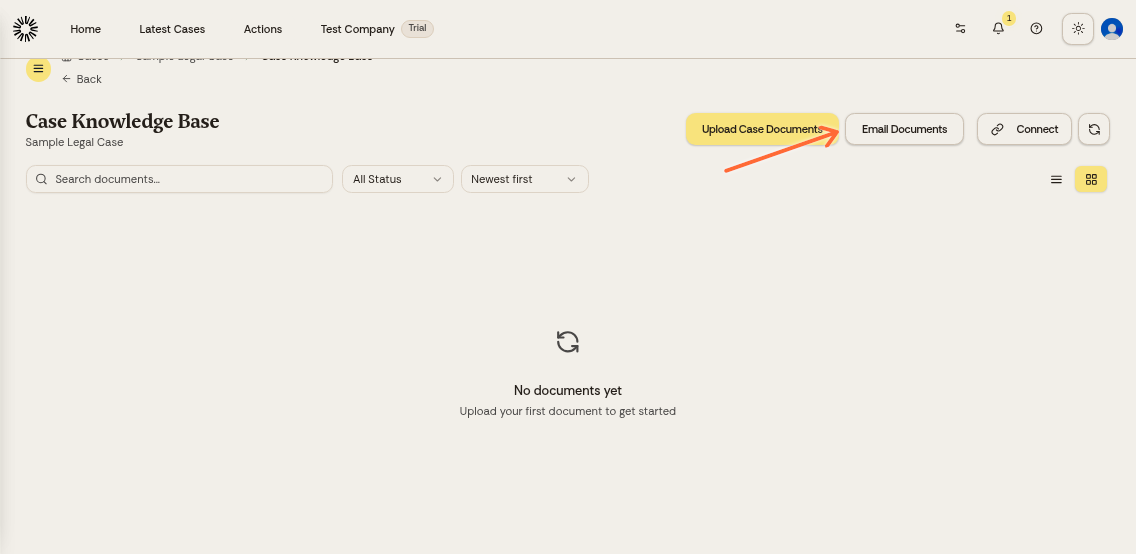 Case Knowledge Base section with Email Documents button highlighted