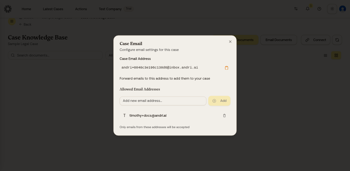 Email Documents modal showing allowed email addresses section