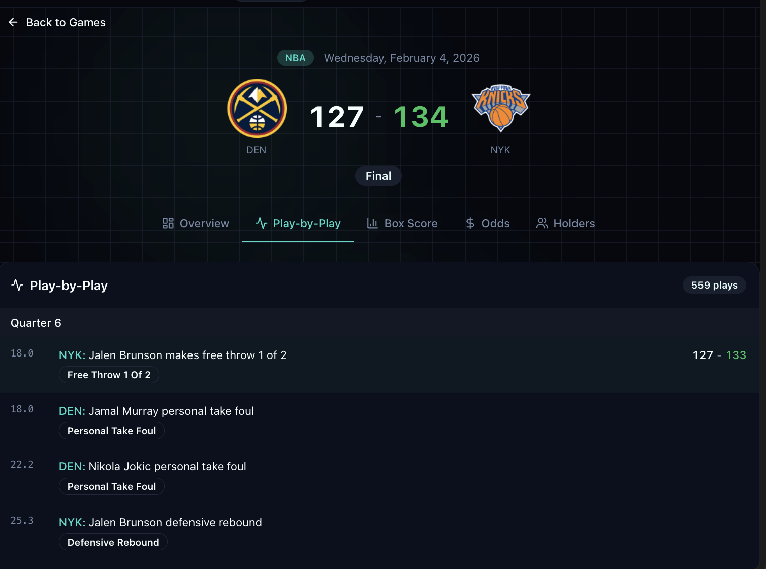 Play-by-play view showing real-time game events with timestamps and scoring updates
