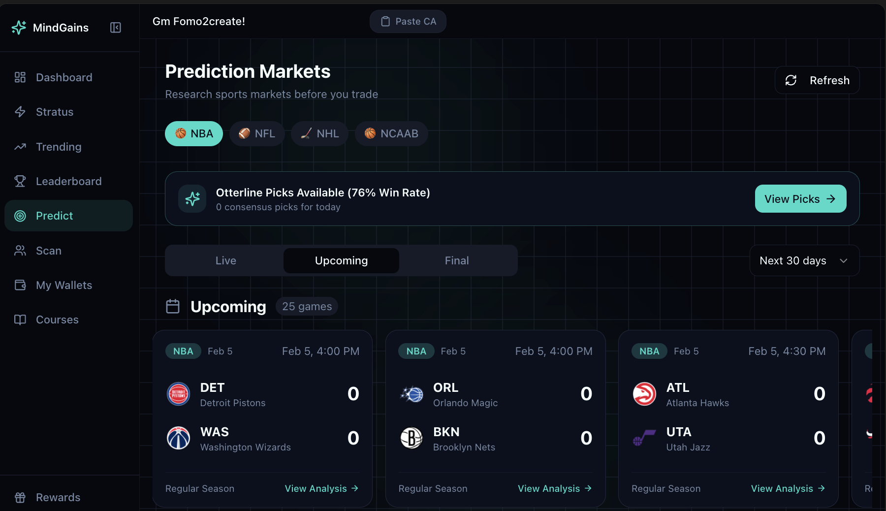 Predictions page showing sport filters, live/upcoming/final tabs, and upcoming NBA games grid