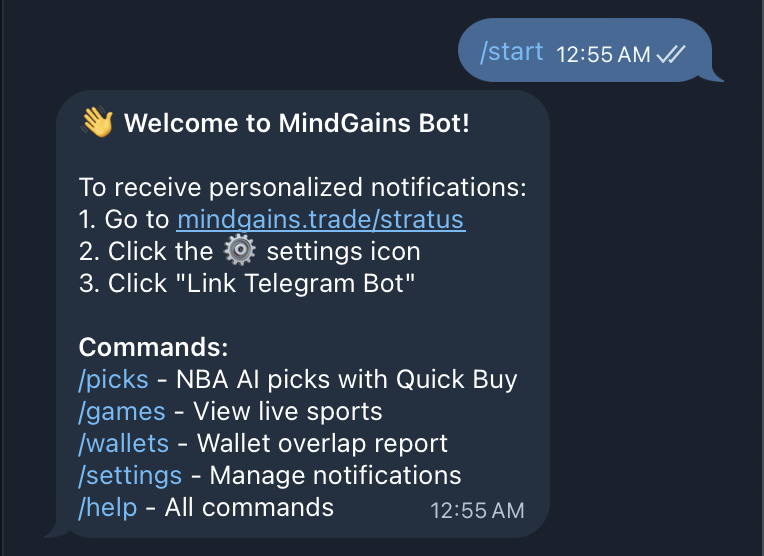 Mind Gains bot welcome message listing available commands: /picks, /games, /wallets, /settings, /help