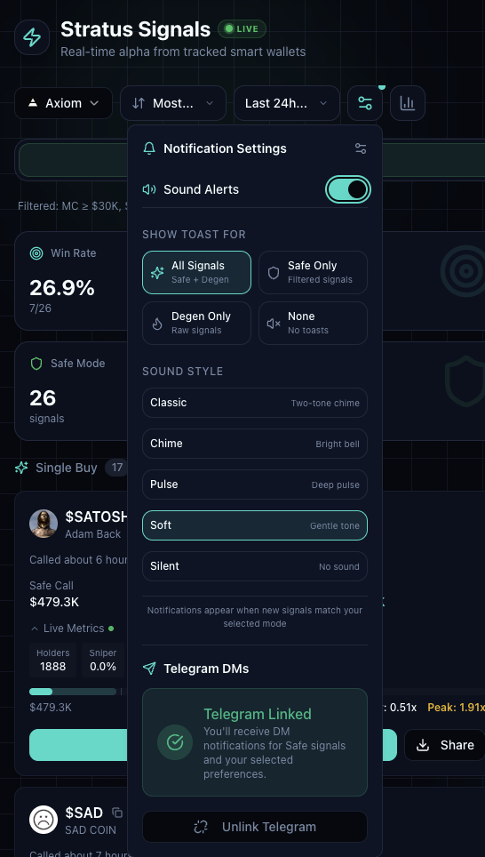Stratus notification settings showing Telegram linked status with sound alerts and notification mode options