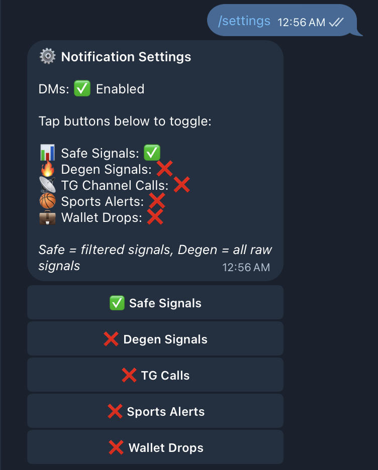 Notification settings panel showing toggles for Safe Signals (enabled), Degen Signals, TG Channel Calls, Sports Alerts, and Wallet Drops (all disabled)