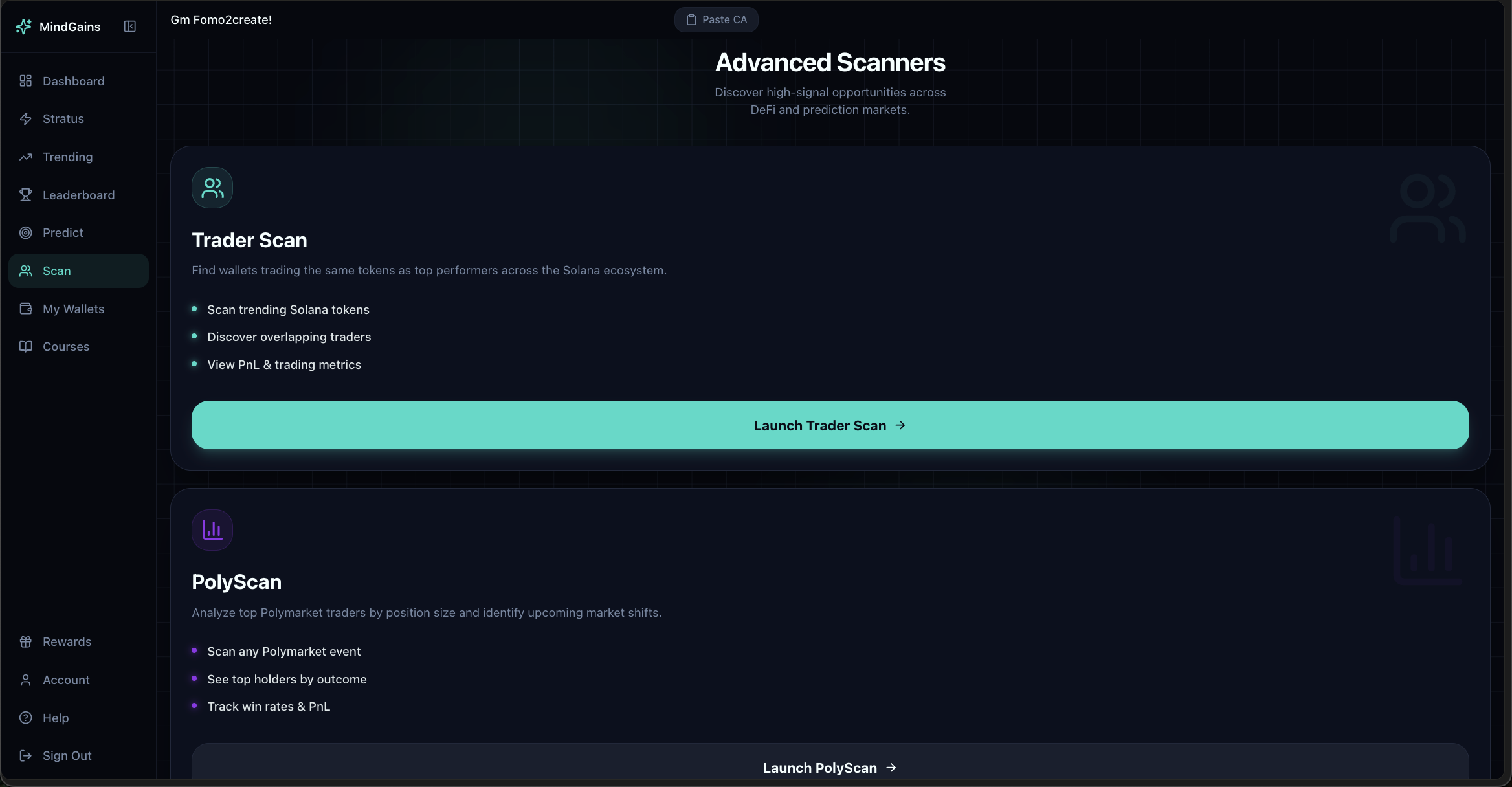 Advanced Scanners page showing Trader Scan and PolyScan options with descriptions and launch buttons