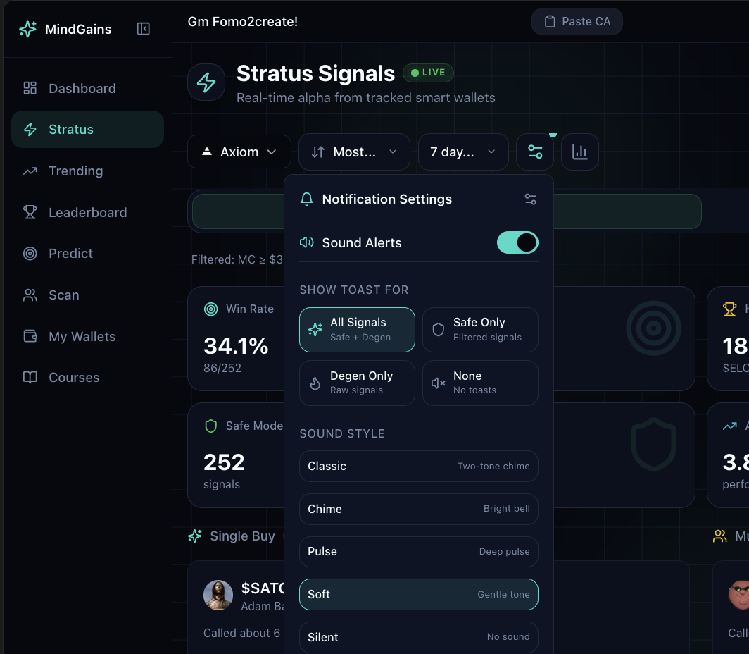 Stratus notification settings modal showing sound alerts toggle, toast display options, and sound style selections