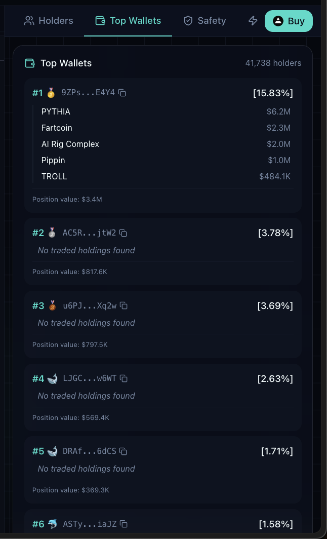 Top Wallets table showing wallet rankings, addresses, percentage held, individual holdings, and total position values