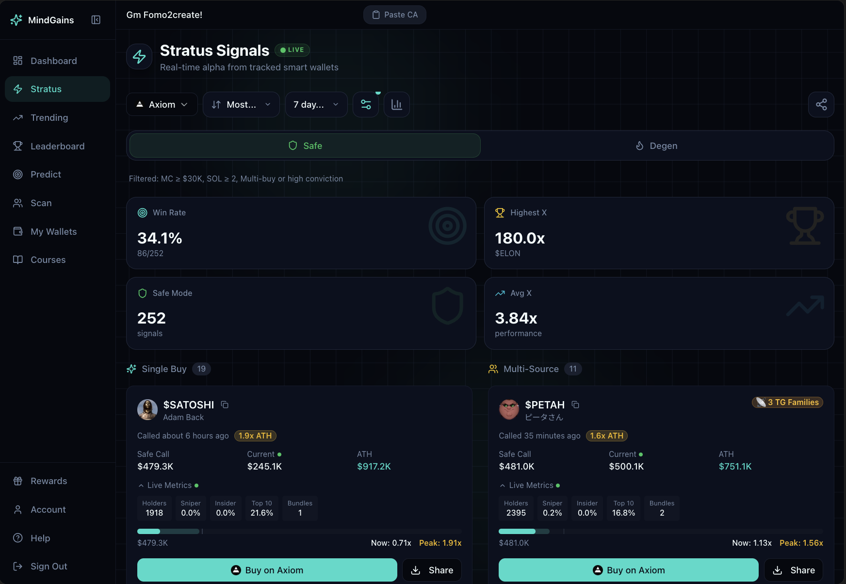 Stratus Signals dashboard showing win rate, safe mode metrics, highest multiplier, and live signal feed with token details
