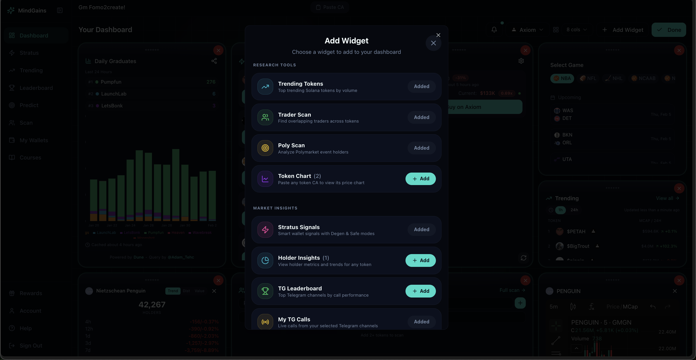Add Widget modal showing categories of widgets like Trending Tokens, Trader Scan, Poly Scan, Token Chart, Stratus Signals, and more