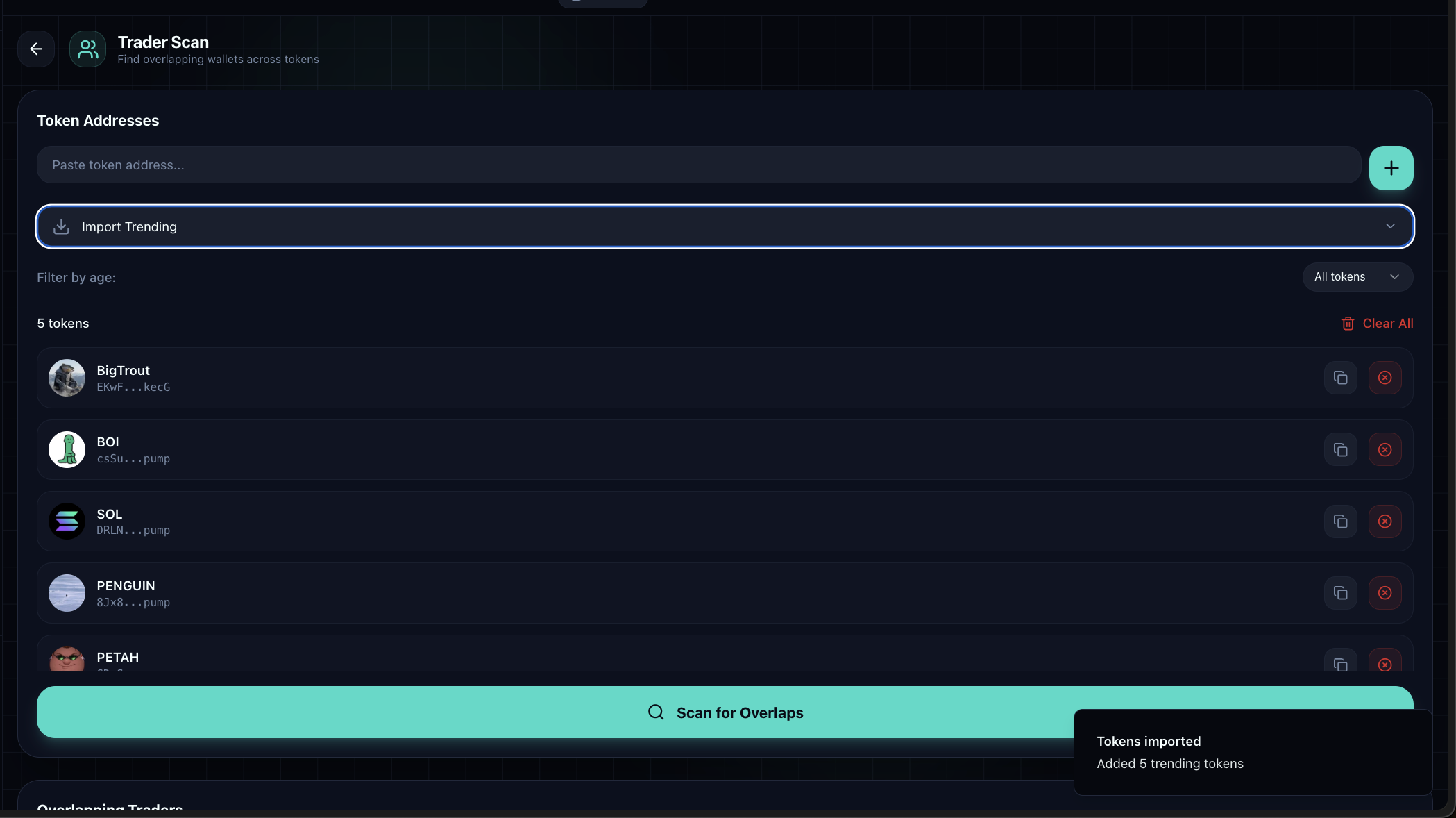 Trader Scan showing imported token list with BigTrout, BOI, SOL, PENGUIN, and PETAH ready to scan