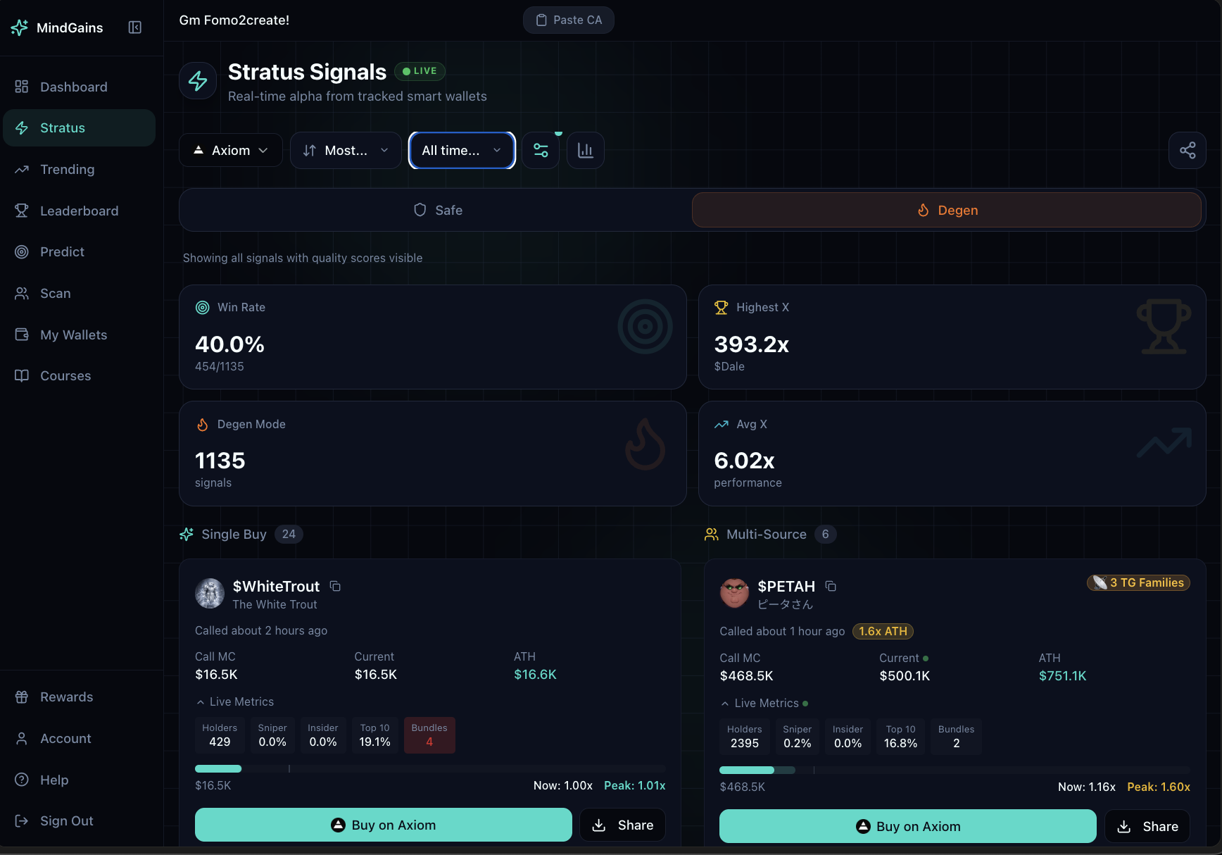 Stratus Signals in degen mode showing performance stats and signal examples with live token metrics
