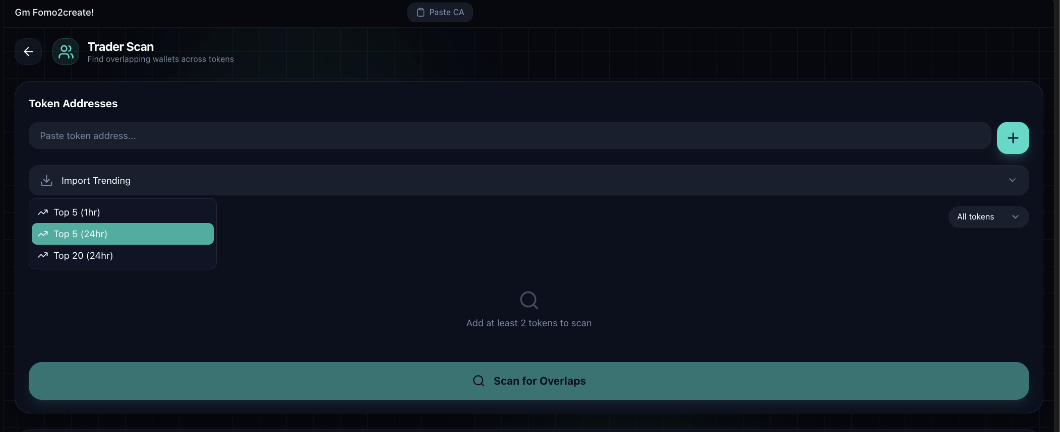 Trader Scan input interface showing token address fields, import trending button, and preset token filters