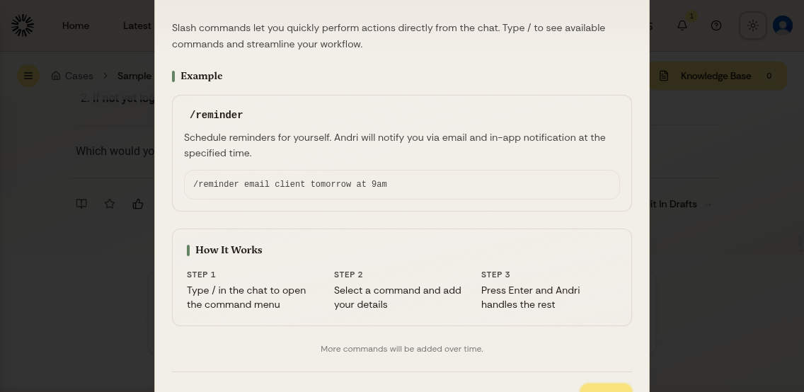 Slash command menu showing available commands in Andri
