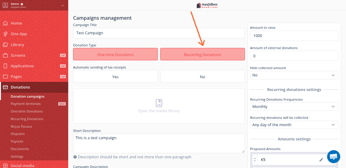 Toggle to activate recurring donations