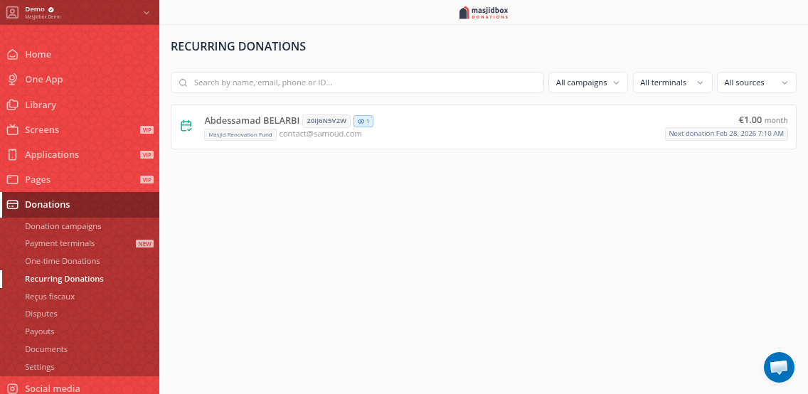 Recurring donations dashboard showing active subscriptions