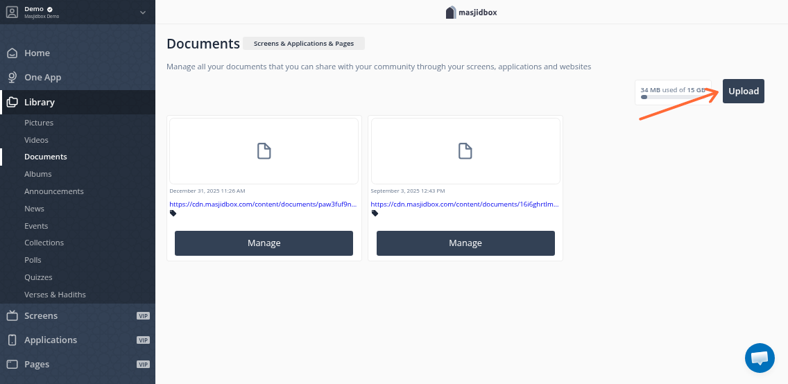 Upload button in Documents library