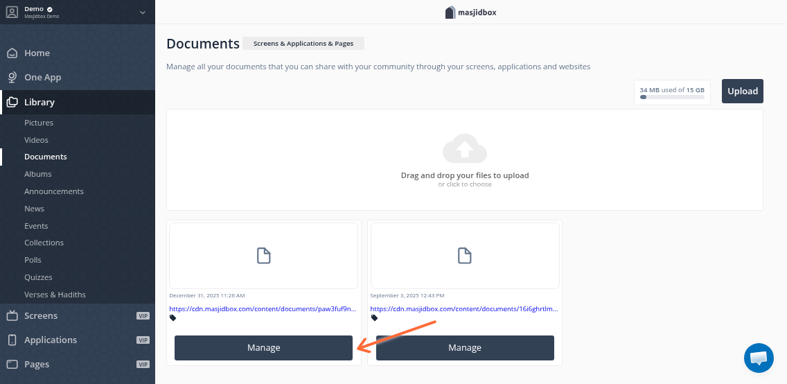 Manage button appearing on hover