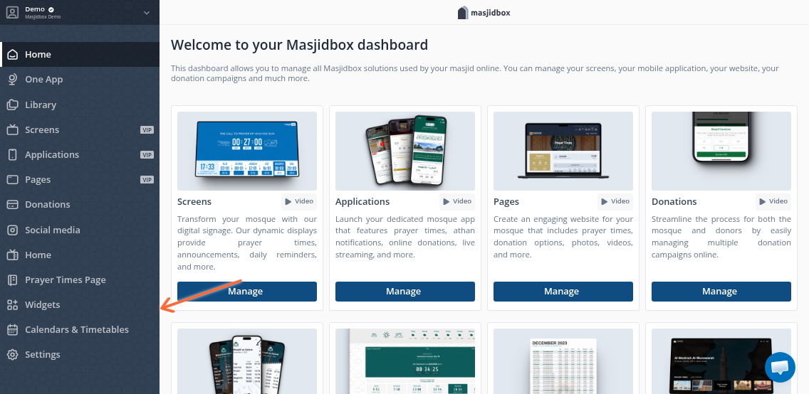 Widgets menu in Masjidbox dashboard sidebar