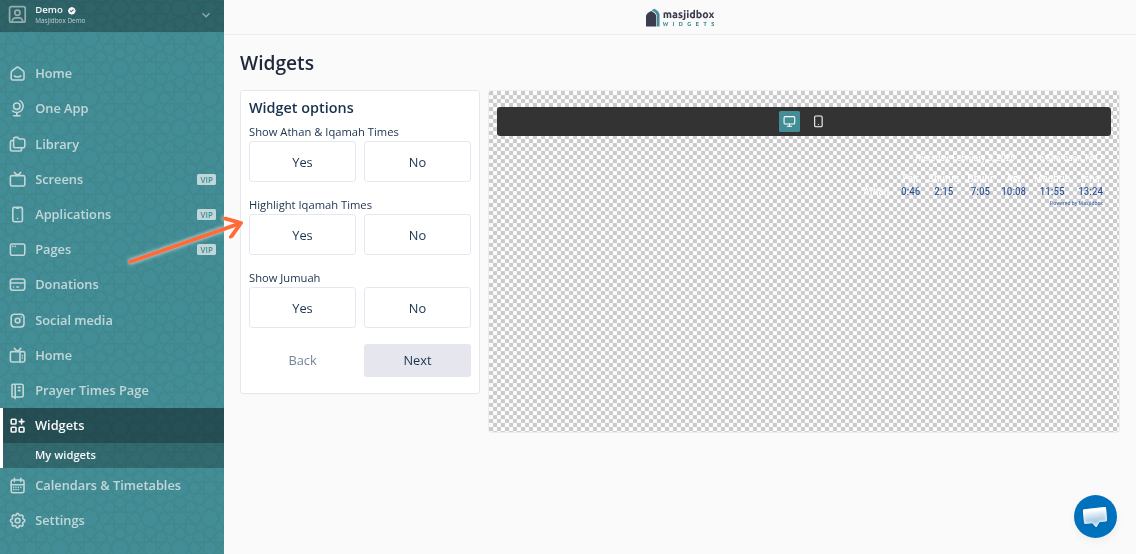Options tab with Iqamah and Jumuah visibility toggles